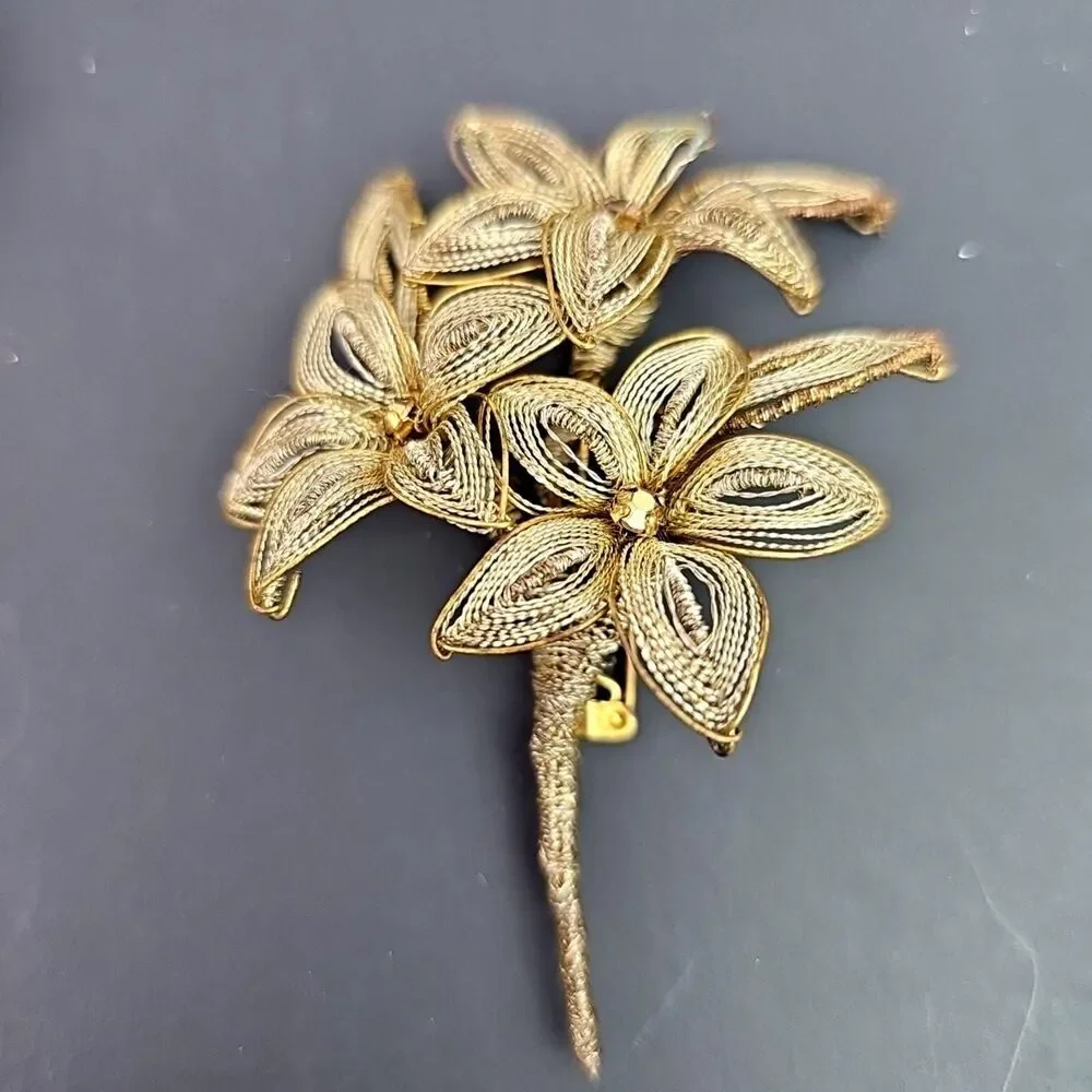Vintage Wire Work Filigree Floral Brooches Two Different Styles Silver Gold Tone